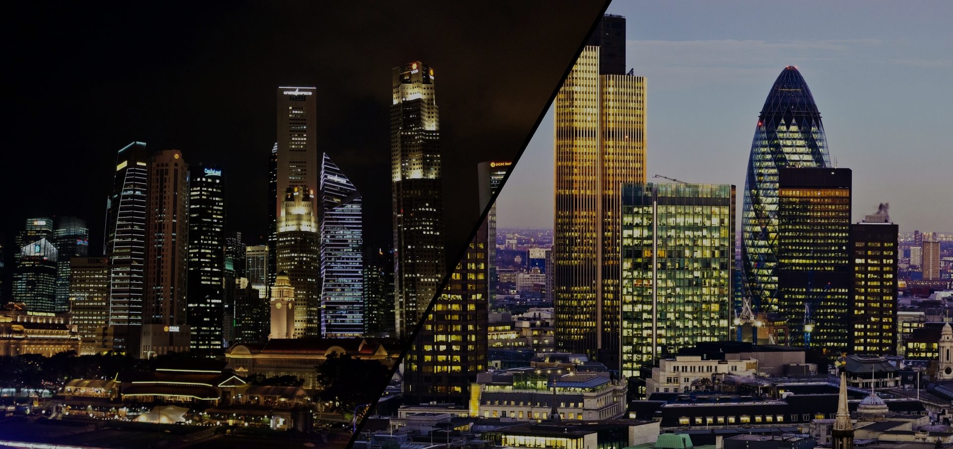 The Singapore and City of London skylines at night, side by side